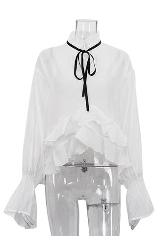 Ruffle-Trim Blouse with Tie Neck