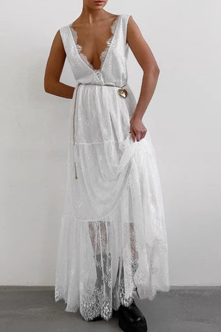 Plunge Neck Lace Maxi Dress