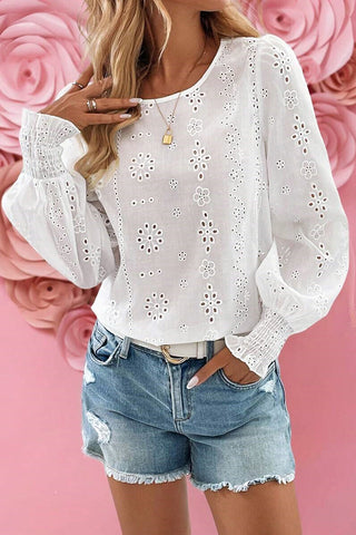 Eyelet Smocked Cuff Sheer Blouse