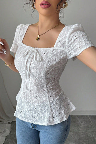 Lace Puff Sleeve Fitted Top