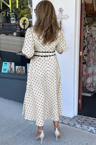 Polka Dot Scalloped Trim Belted Midi Dress