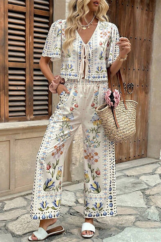 Floral Tie-Front Pants Set