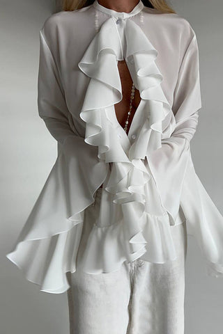Ruffled Front Blouse with Flowing Sleeves