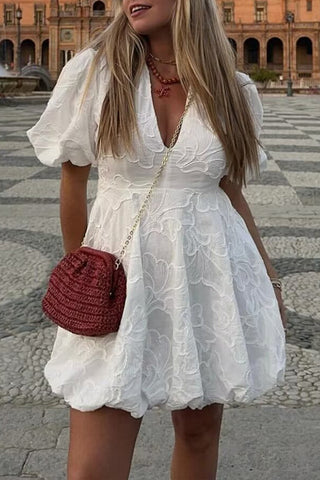V-Neck Puff Sleeve Casual Dress