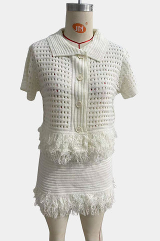 Fringe-Trimmed Skirt Set with Button Top