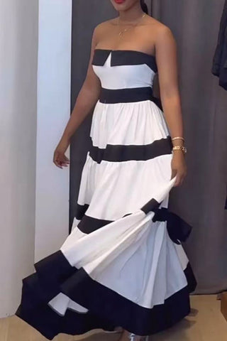 Strapless Striped Tiered Maxi Dress
