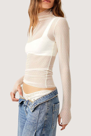 Sheer Turtleneck Long Sleeve Blouse