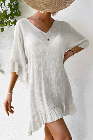 Breezy V-Neck Ruffle Hem Cover-Up