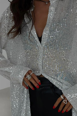 Sparkling Sequin Button-Front Blouse