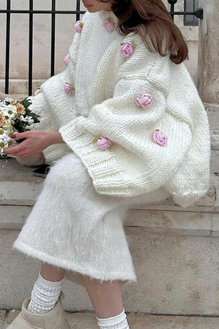 Oversized Knit Sweater with Floral Details