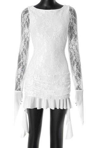 Ruched Lace Mini Dress with Flare Accents