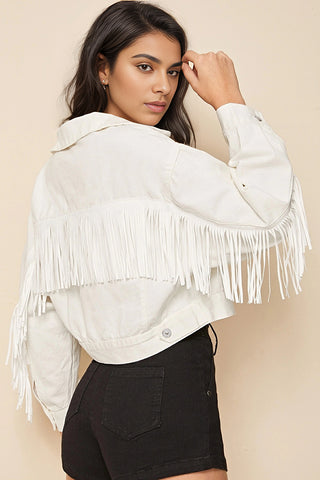 Fringe Accented Button-Front Denim Jacket