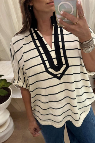Striped Stand Collar Dolman Sleeve Top