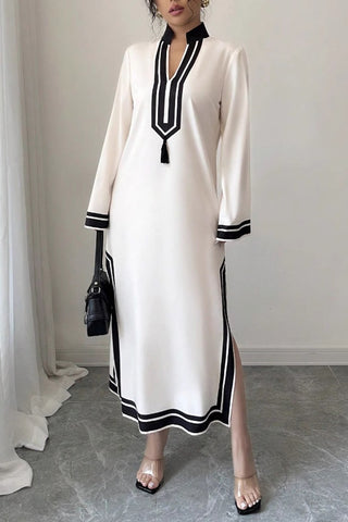Long Sleeve Contrast Trim Casual Dress