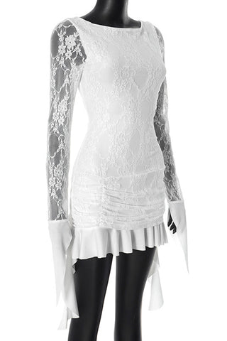 Ruched Lace Mini Dress with Flare Accents