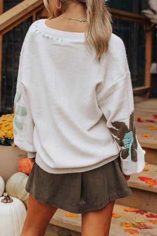 Floral Pattern V-Neck Sweater