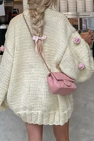 Oversized Knit Sweater with Floral Details