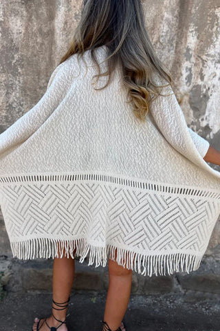 Fringe-Trim Open Front Cardigan