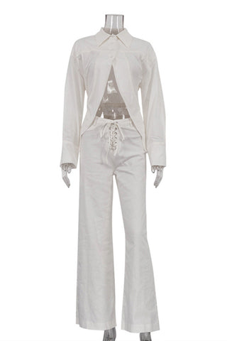 Lace-Up Pants Set with Collared Top