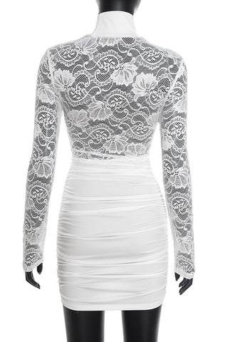 Lace Long Sleeve Ruched Evening Dress