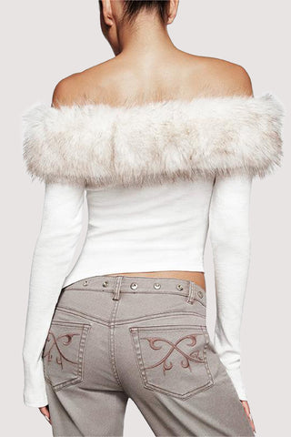 Off-Shoulder Fur Trim Blouse