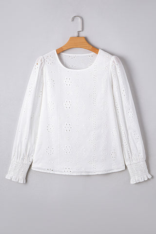 Eyelet Smocked Cuff Sheer Blouse