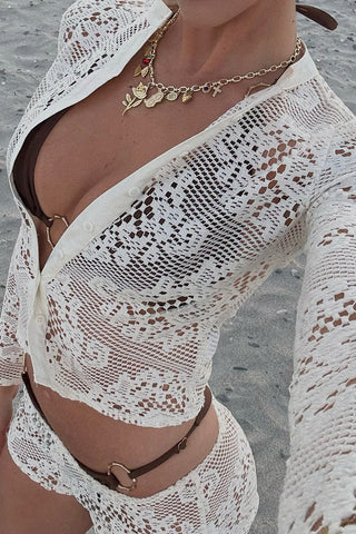 Lace Button-Front Long Sleeve Top