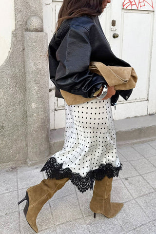Polka Dot Midi Skirt with Lace Detail