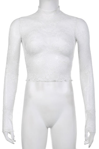 Long-Sleeve Lace Turtleneck Crop Top