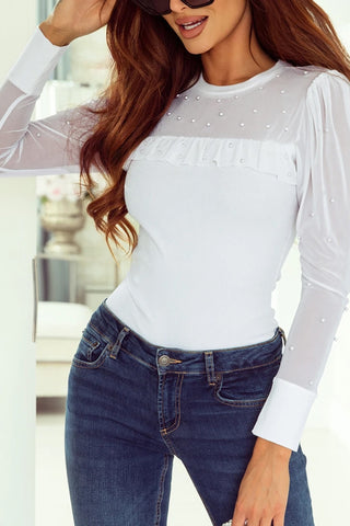 Pearl Decor Patchwork Long Sleeve Top
