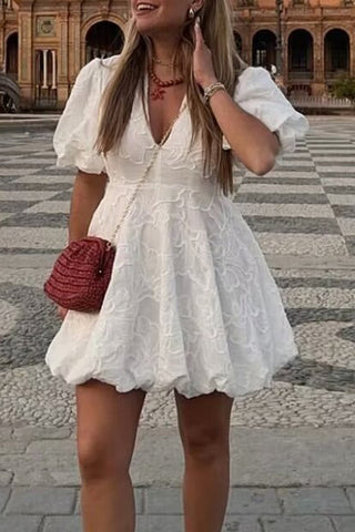 V-Neck Puff Sleeve Casual Dress