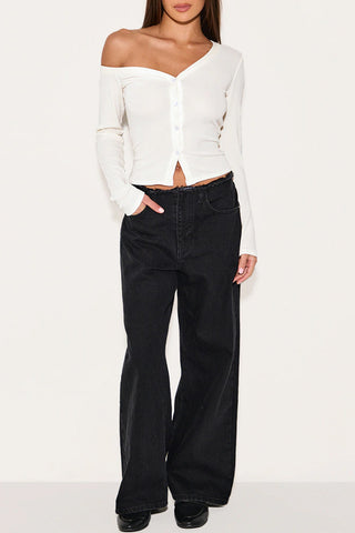 Asymmetric Buttoned Off-Shoulder  Top