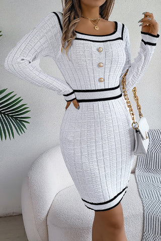 Button-Accent Knit Casual Dress