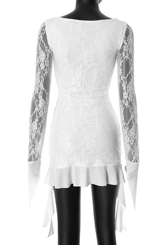 Ruched Lace Mini Dress with Flare Accents
