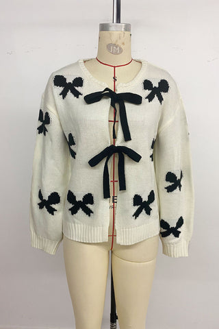 Bow-Tie Front Cardigan with Patterned Design