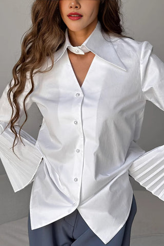 Pleated Sleeve Button-Up Blouse