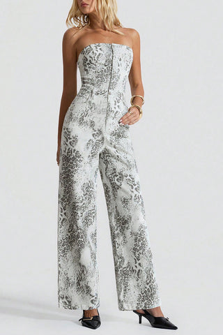 Strapless Patterned Wide-Leg Jumpsuit