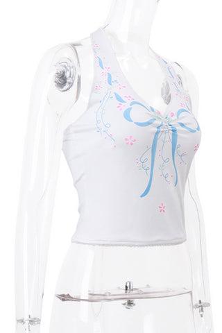 Halter Ribbon Embellished Tank Top