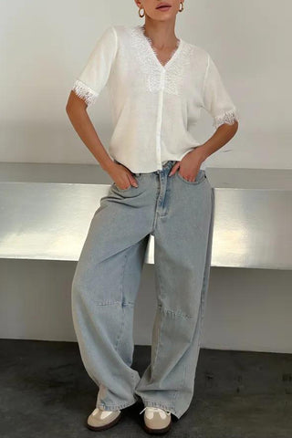 Lace-Trim Button Knit Top