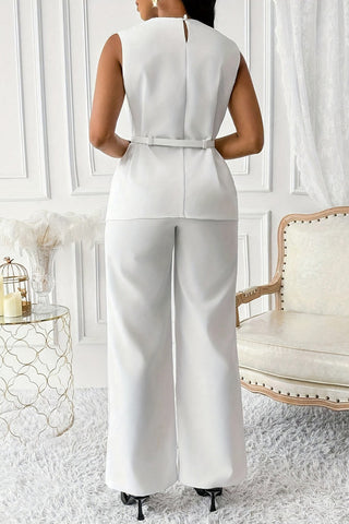 Elegant Sleeveless Belted Pants Set