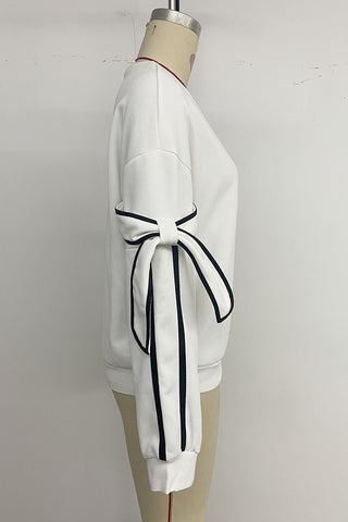 Bow-Accent Striped Sleeve Sweatshirt