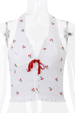 Cherry Print Halter Tie Tank Top