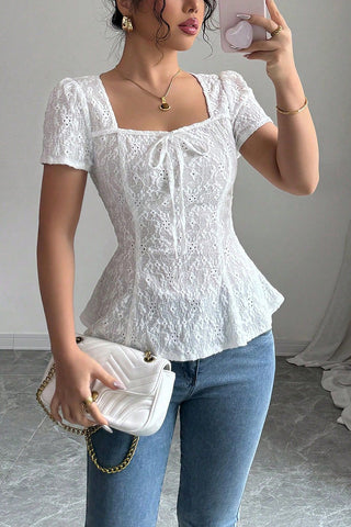 Lace Puff Sleeve Fitted Top
