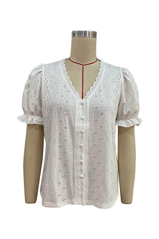Eyelet Pattern V-Neck Blouse