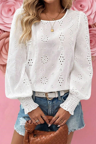 Eyelet Smocked Cuff Sheer Blouse