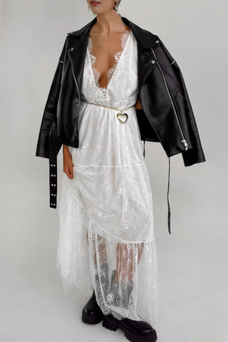 Plunge Neck Lace Maxi Dress