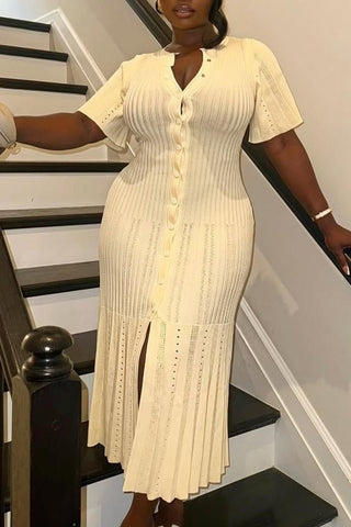 Buttoned Ribbed Casual Dress