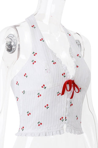 Cherry Print Halter Tie Tank Top