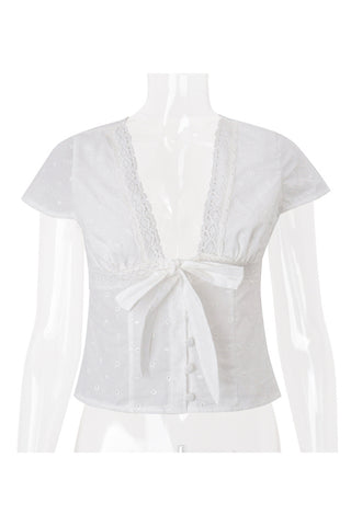 Lace-Trimmed Tie-Front Blouse