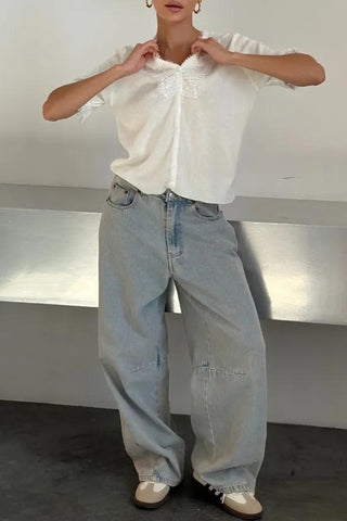 Lace-Trim Button Knit Top